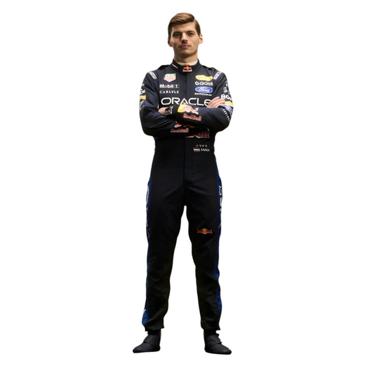 Max Verstappen 2026 Red Bull F1 race suit in dark navy blue with red and yellow accents featuring sponsor logos
