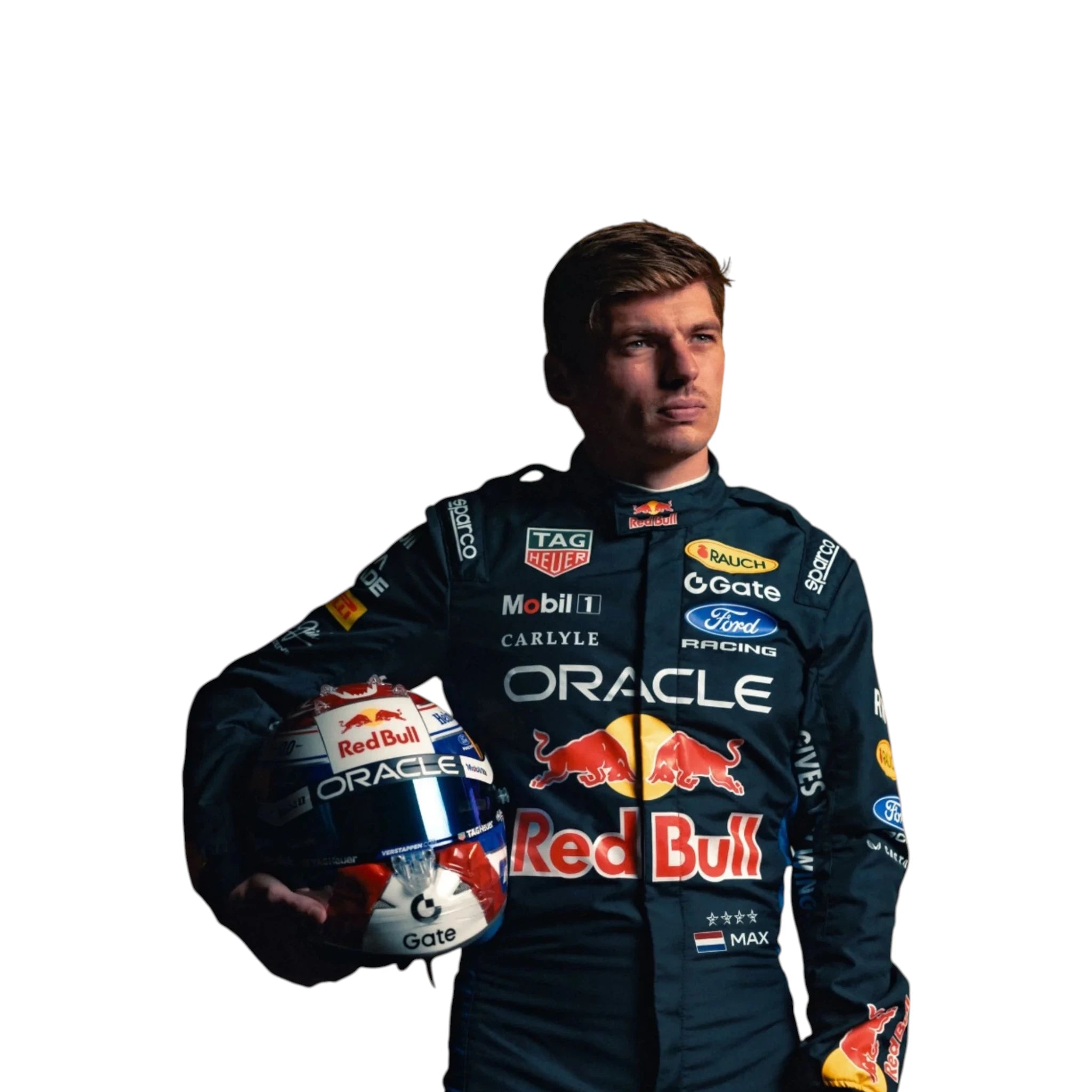 Max Verstappen 2026 Red Bull F1 race suit in dark navy blue with red and yellow accents featuring sponsor logos