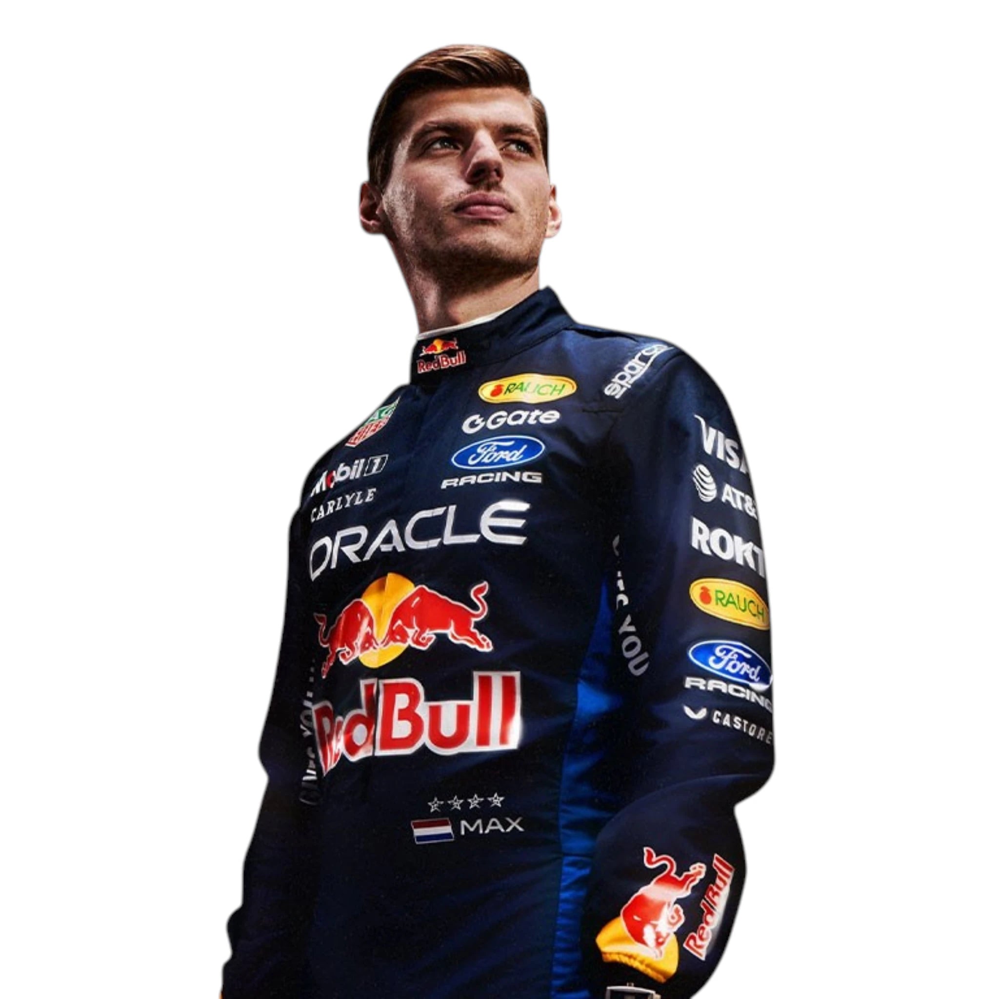 Max Verstappen 2026 Red Bull F1 race suit in dark navy blue with red and yellow accents featuring sponsor logos