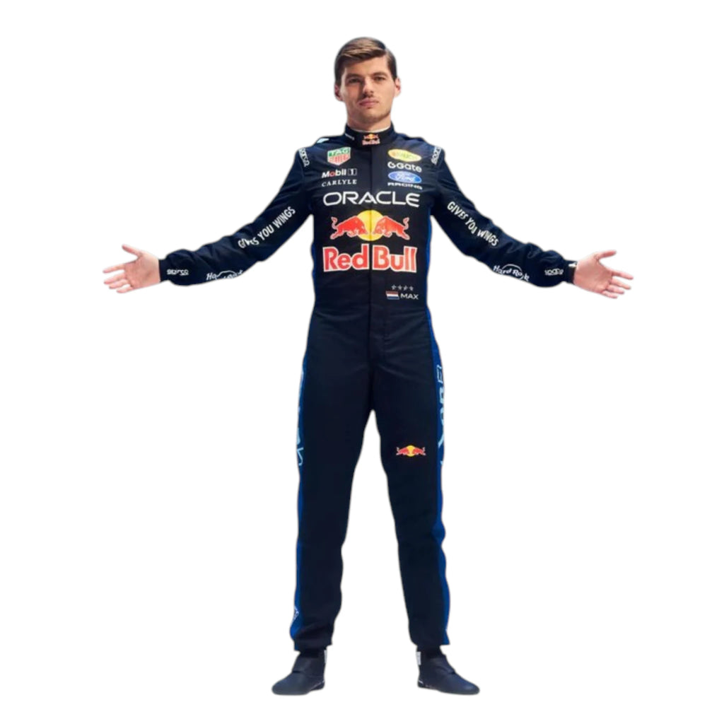 Max Verstappen 2026 Red Bull F1 race suit in dark navy blue with red and yellow accents featuring sponsor logos