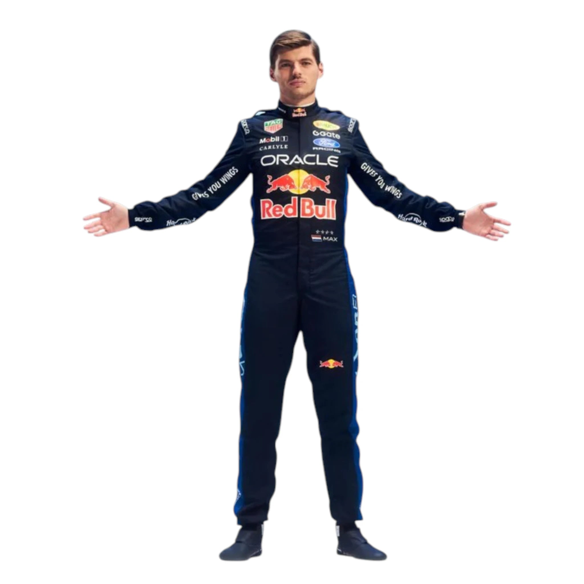 Max Verstappen 2026 Red Bull F1 race suit in dark navy blue with red and yellow accents featuring sponsor logos