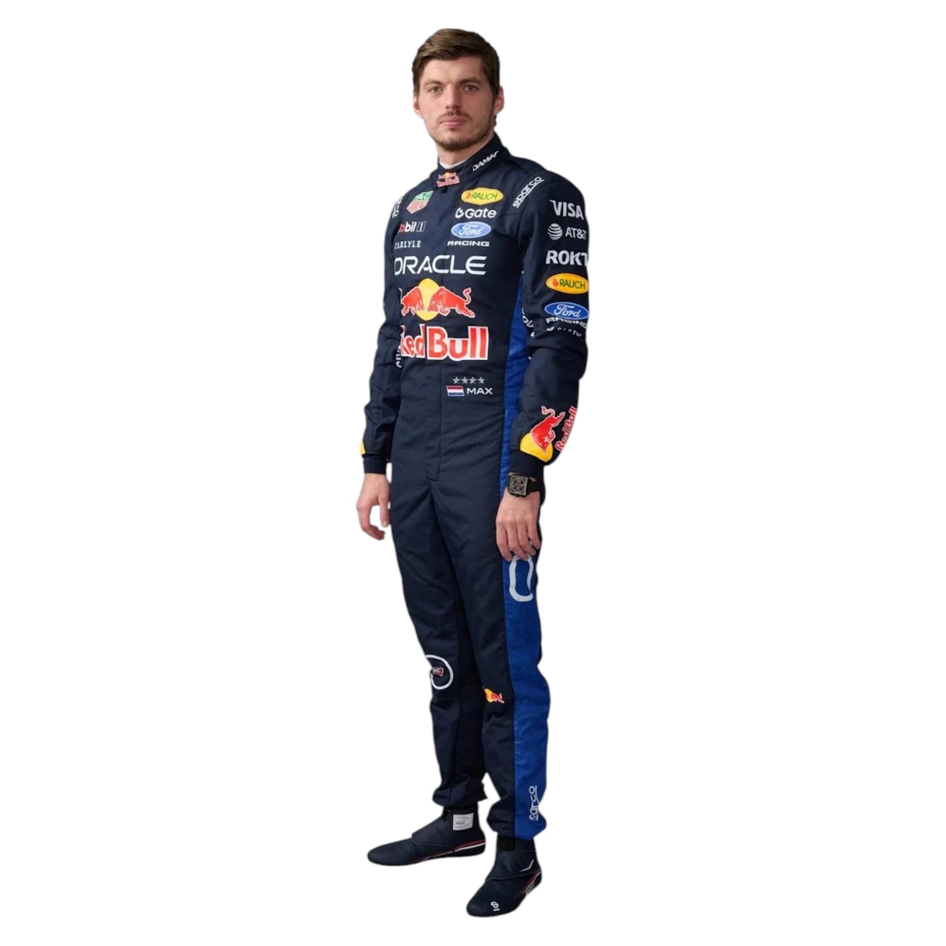 Max Verstappen 2026 Red Bull F1 race suit in dark navy blue with red and yellow accents featuring sponsor logos