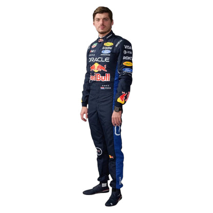 Max Verstappen 2026 Red Bull F1 race suit in dark navy blue with red and yellow accents featuring sponsor logos