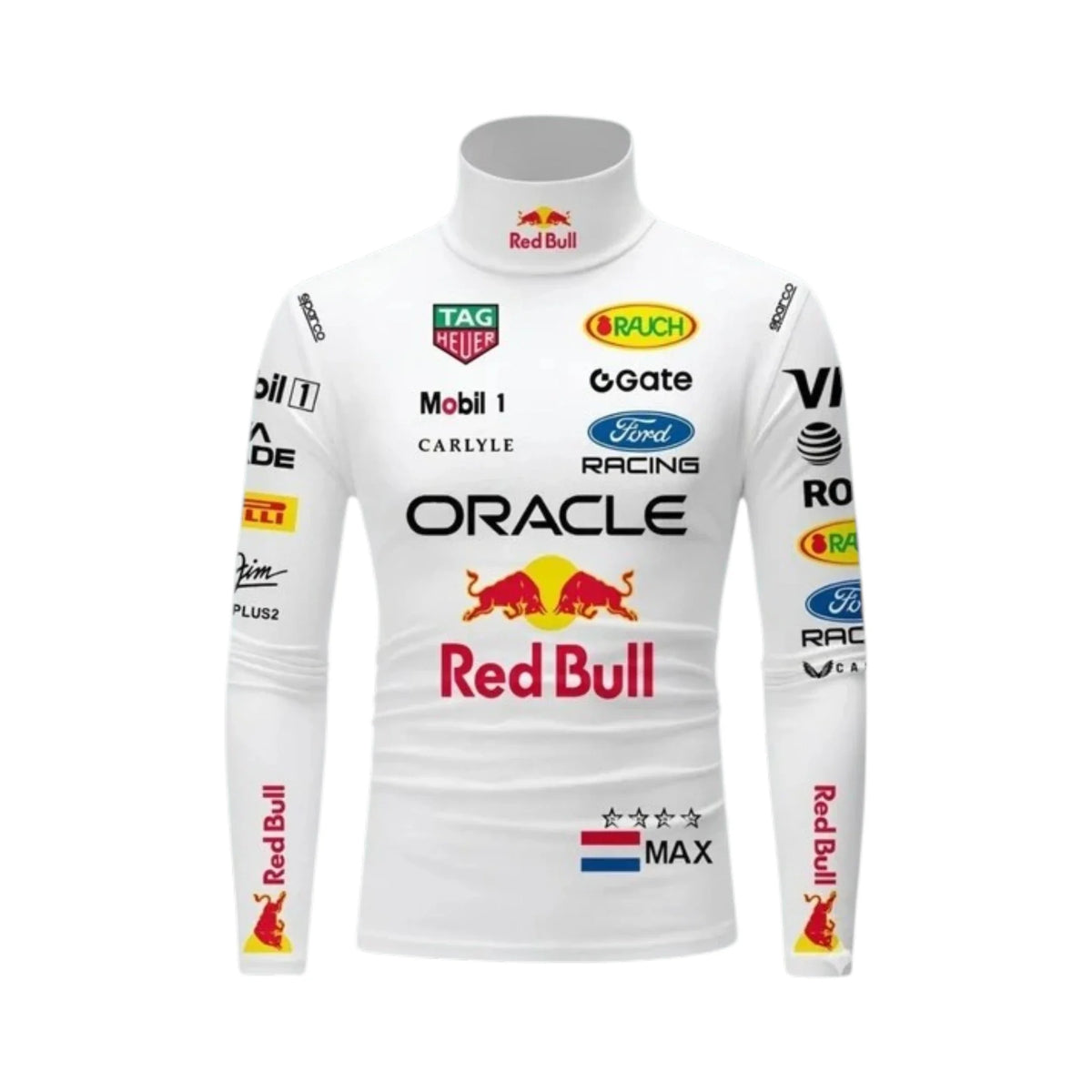 Max Verstappen 2026 Red Bull F1 Undershirt in white with authentic Oracle Red Bull Racing team logos and performance base layer design