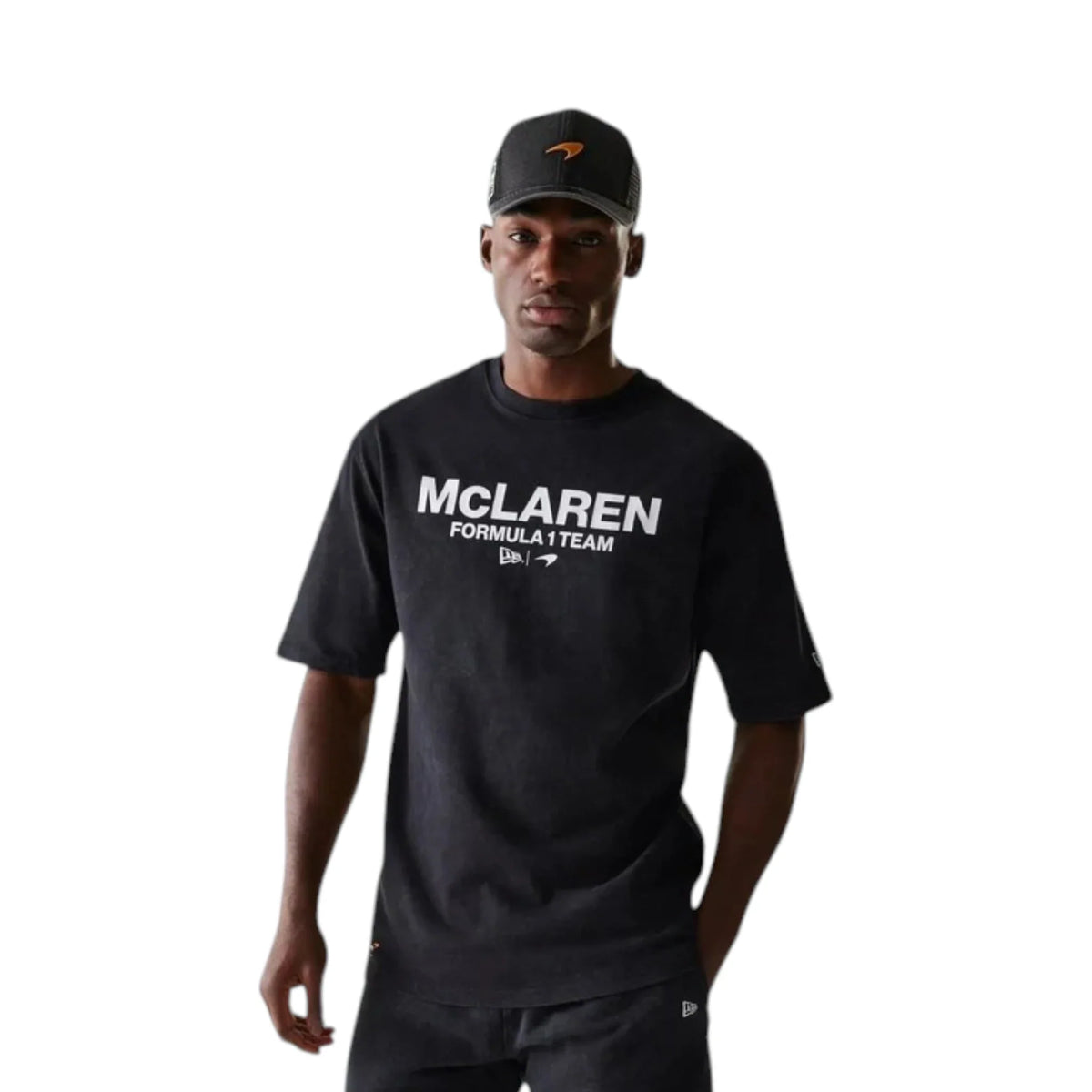 McLaren Racing F1 Word Mark Oversized T Shirt in black featuring McLaren Formula 1 Team branding on the front and sponsor logos on the sleeves