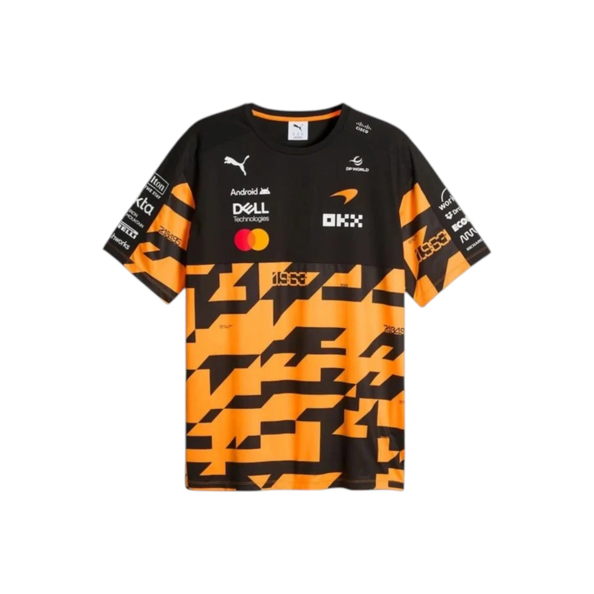 McLaren F1 Team 1000th Grand Prix Replica T-Shirt in black and orange featuring McLaren F1 Team branding and sponsor logos