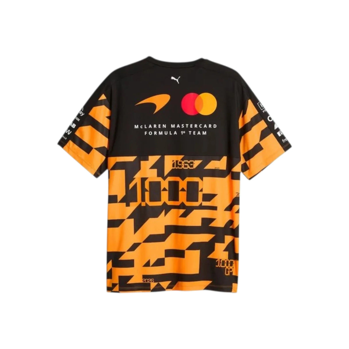 McLaren F1 Team 1000th Grand Prix Replica T-Shirt in black and orange featuring McLaren F1 Team branding and sponsor logos