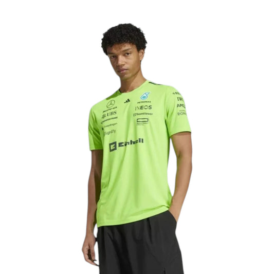 Mercedes-AMG Petronas F1 One Team Set Up T-Shirt in Volt Green with authentic Mercedes-AMG Petronas sponsor logos and adidas performance design