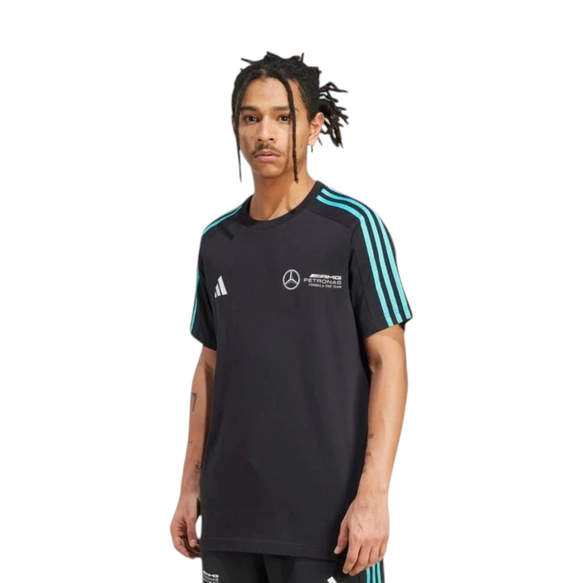 Mercedes AMG Petronas F1 Team DNA T-Shirt in black with adidas three stripe sleeves and premium team logo detailing