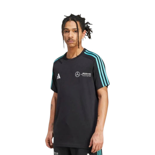 Mercedes AMG Petronas F1 Team DNA T-Shirt in black with adidas three stripe sleeves and premium team logo detailing