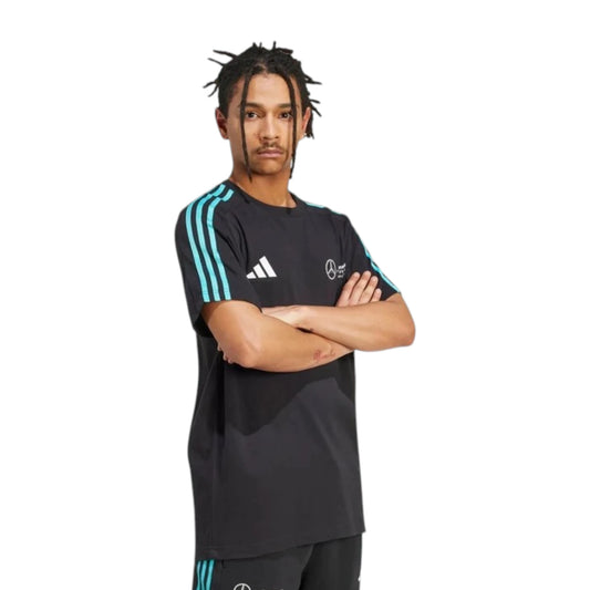 Mercedes AMG Petronas F1 Team DNA T-Shirt in black with adidas three stripe sleeves and premium team logo detailing