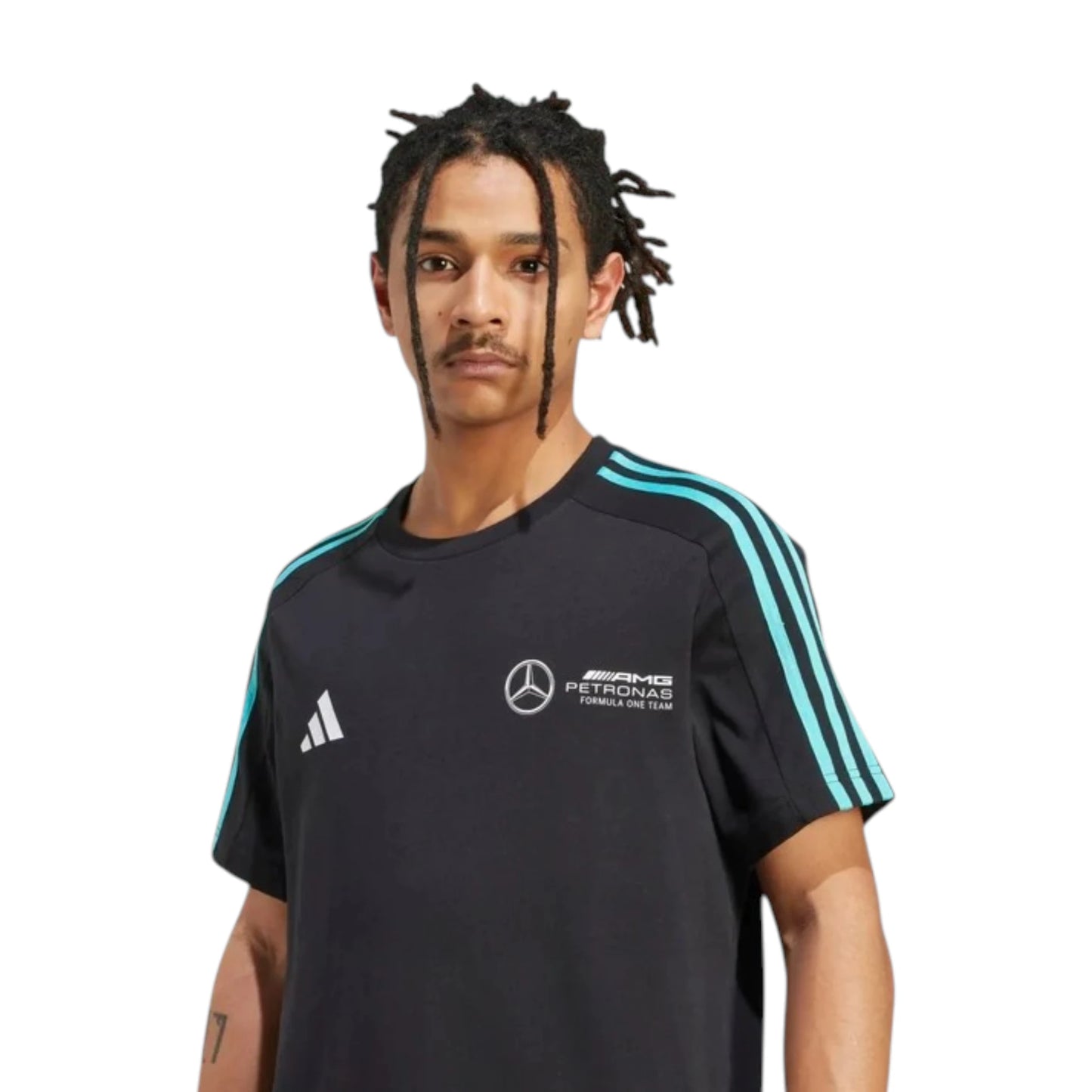 Mercedes AMG Petronas F1 Team DNA T-Shirt in black with adidas three stripe sleeves and premium team logo detailing