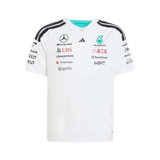 Mercedes-AMG Petronas F1 Team Driver Jersey T-Shirt in white with authentic Mercedes-AMG Petronas sponsor logos and adidas performance design
