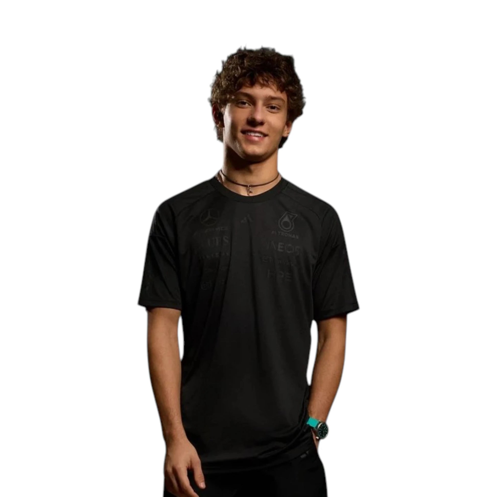 Mercedes AMG Petronas F1 Team Night Driver T-Shirt with tonal sponsor logos, adidas performance design, and premium motorsport detailing