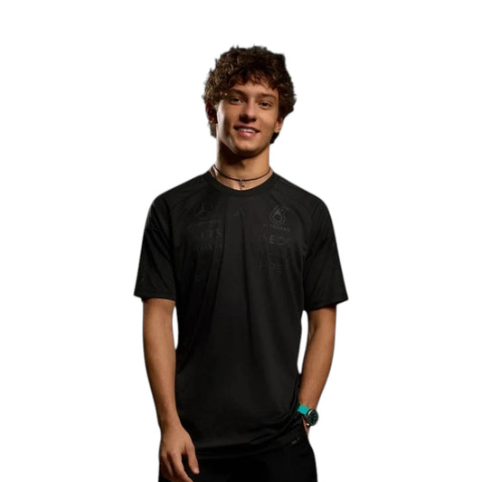 Mercedes AMG Petronas F1 Team Night Driver T-Shirt with tonal sponsor logos, adidas performance design, and premium motorsport detailing
