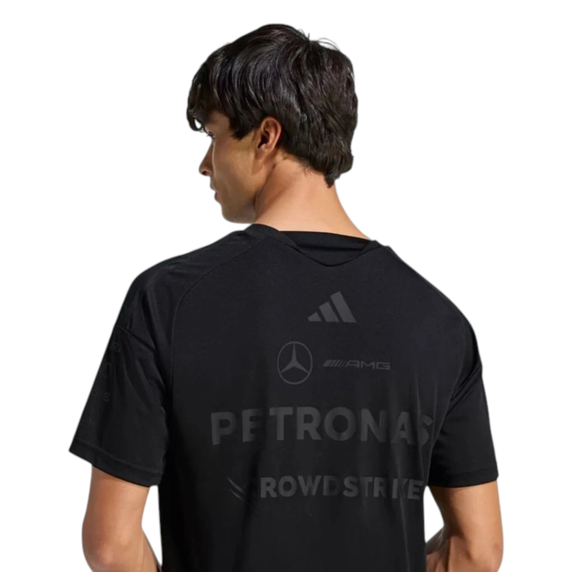 Mercedes AMG Petronas F1 Team Night Driver T-Shirt with tonal sponsor logos, adidas performance design, and premium motorsport detailing