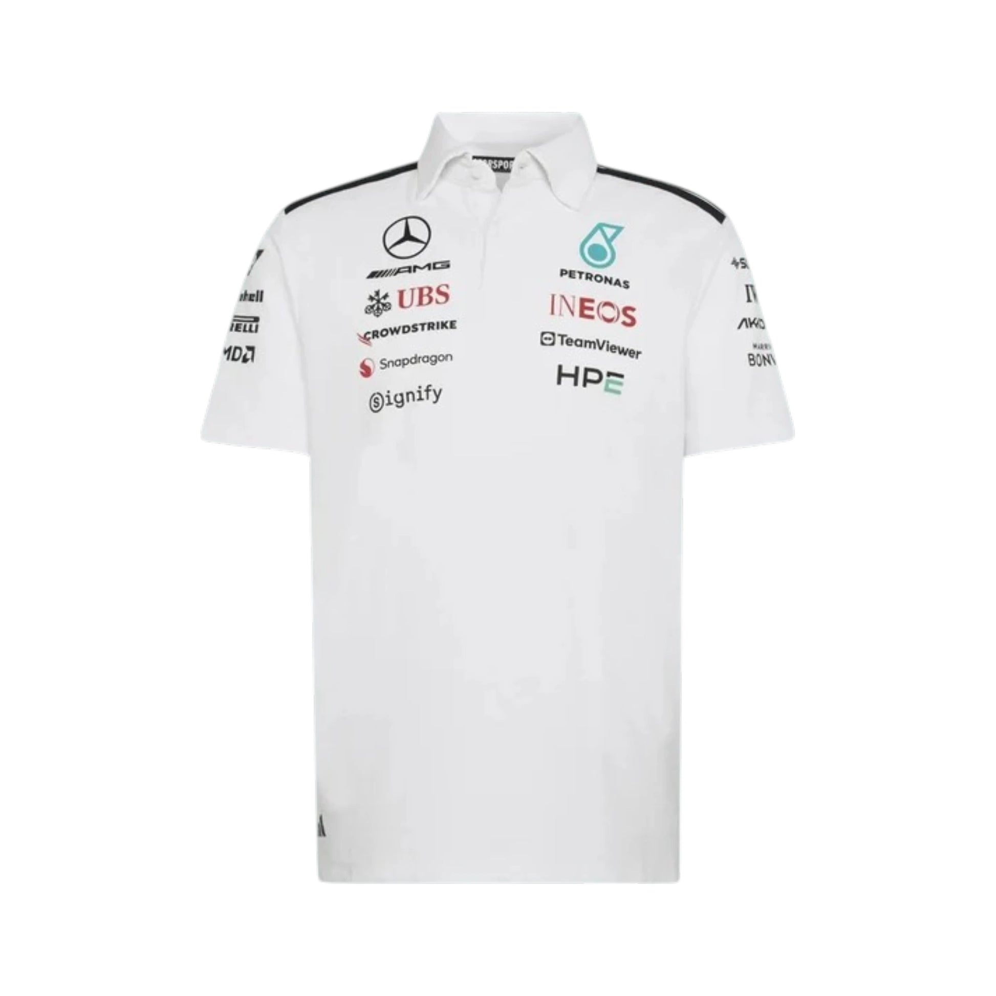 Mercedes-AMG Petronas F1 Team Polo Shirt in white with authentic Mercedes-AMG Petronas sponsor logos and adidas performance design