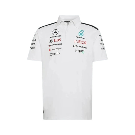 Mercedes-AMG Petronas F1 Team Polo Shirt in white with authentic Mercedes-AMG Petronas sponsor logos and adidas performance design