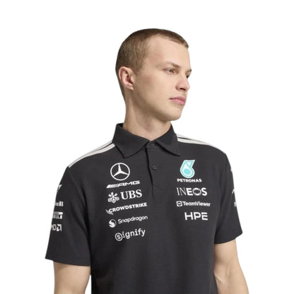 Mercedes-AMG Petronas F1 Team Polo Shirt in black with authentic Mercedes-AMG Petronas sponsor logos and adidas performance design