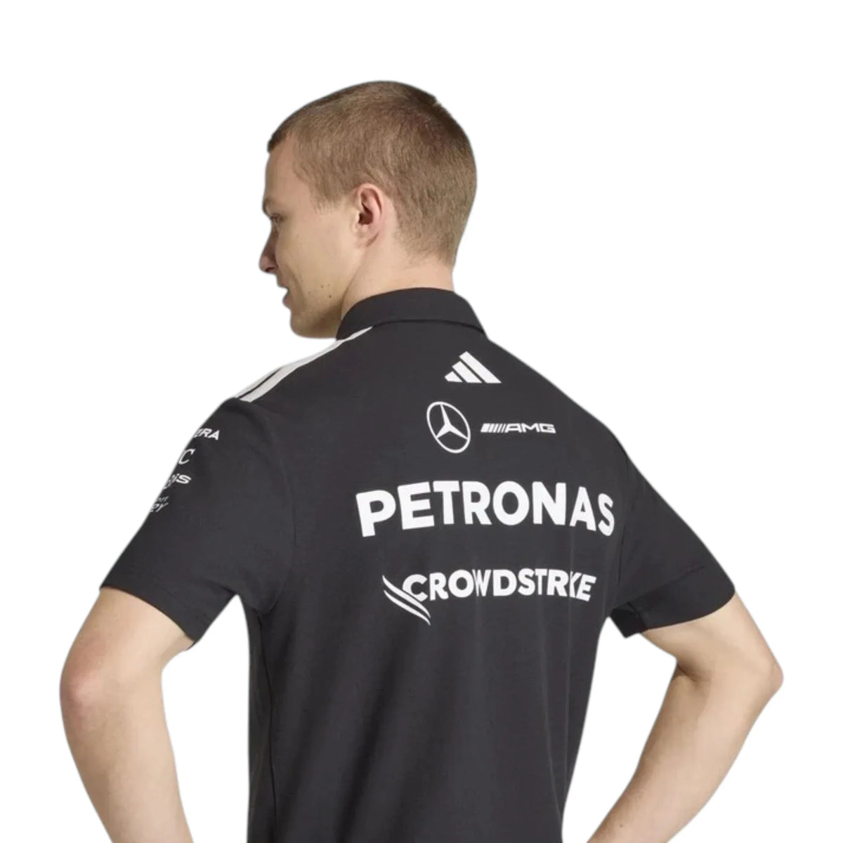 Mercedes-AMG Petronas F1 Team Polo Shirt in black with authentic Mercedes-AMG Petronas sponsor logos and adidas performance design
