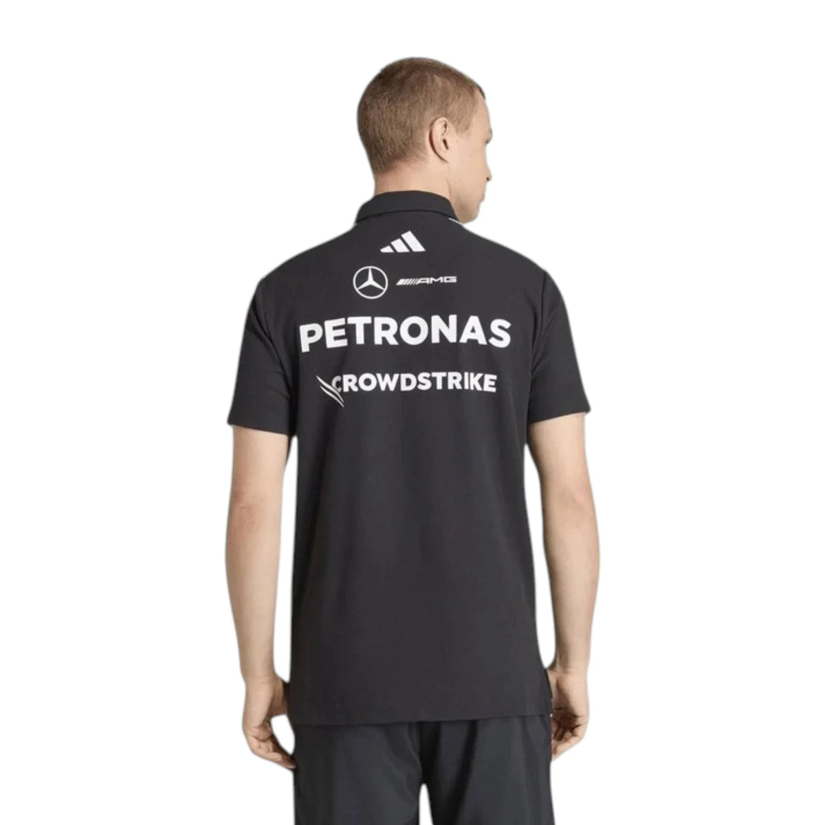 Mercedes-AMG Petronas F1 Team Polo Shirt in black with authentic Mercedes-AMG Petronas sponsor logos and adidas performance design