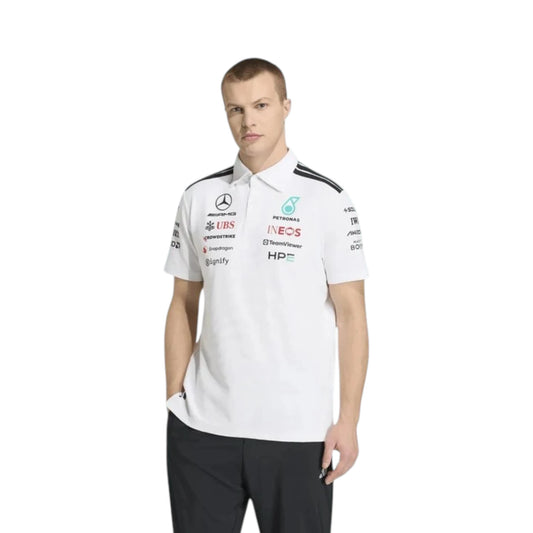 Mercedes-AMG Petronas F1 Team Polo Shirt in white with authentic Mercedes-AMG Petronas sponsor logos and adidas performance design