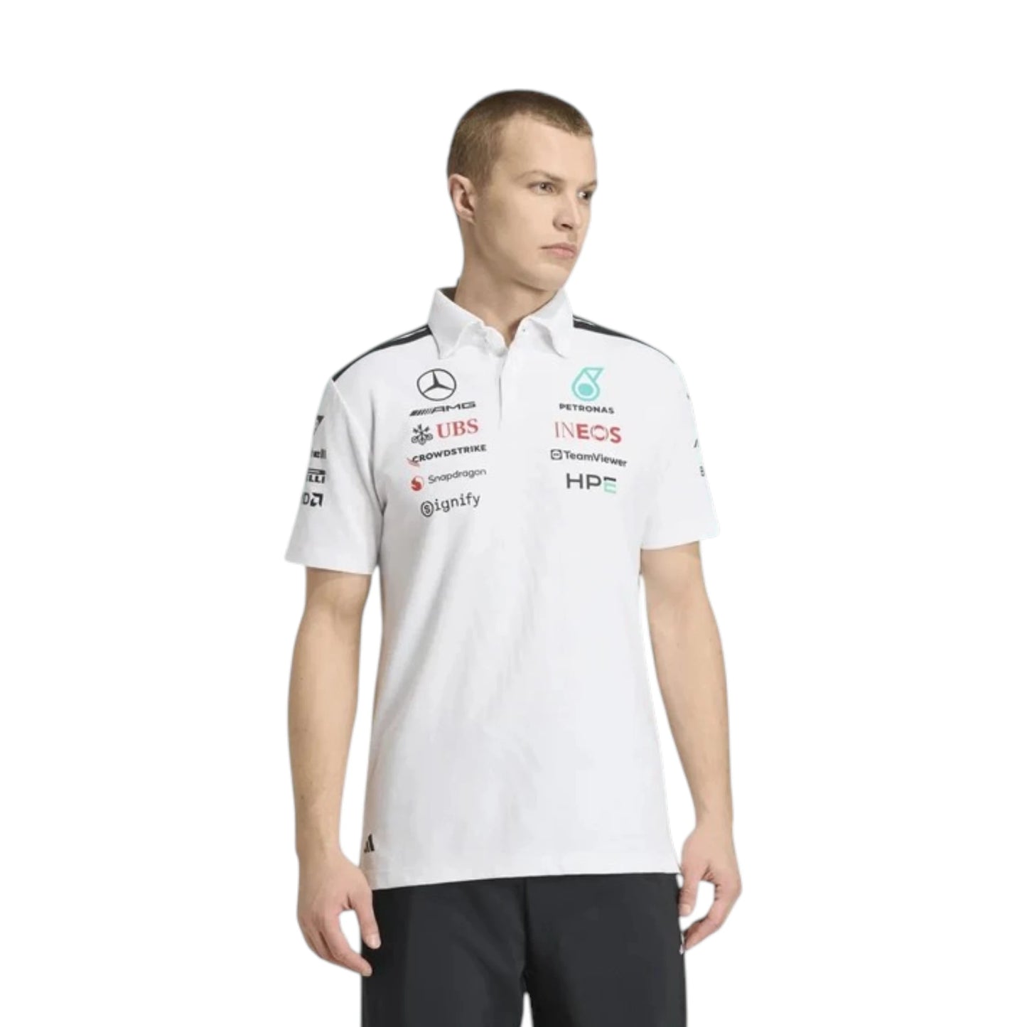 Mercedes-AMG Petronas F1 Team Polo Shirt in white with authentic Mercedes-AMG Petronas sponsor logos and adidas performance design