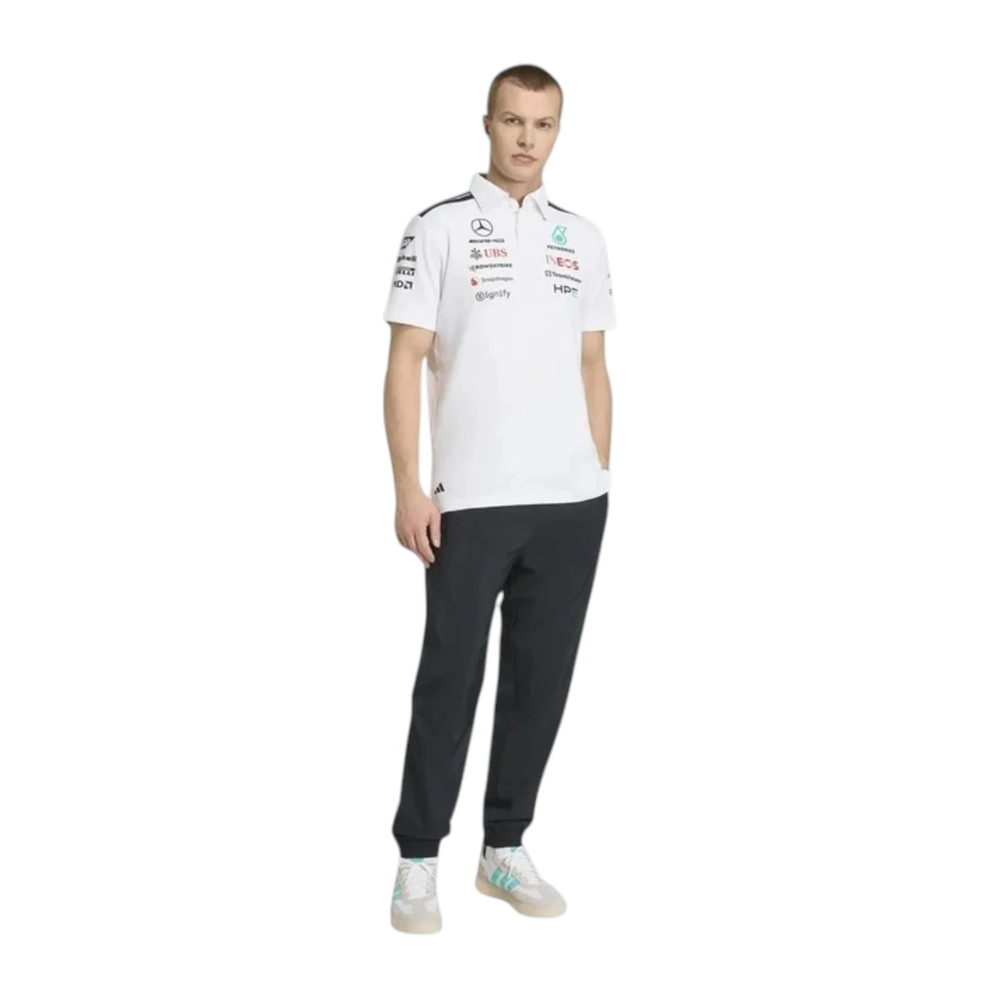 Mercedes-AMG Petronas F1 Team Polo Shirt in white with authentic Mercedes-AMG Petronas sponsor logos and adidas performance design