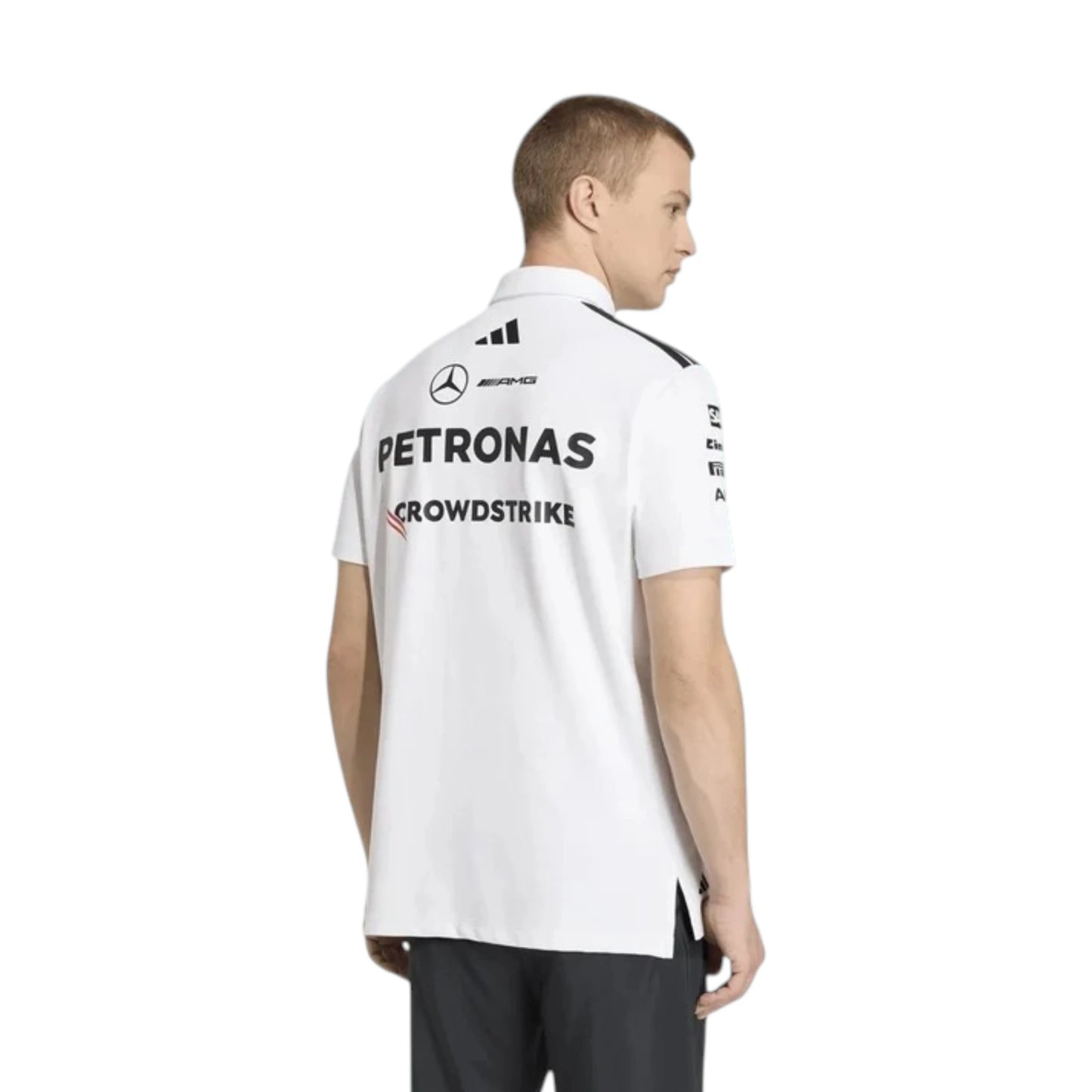 Mercedes-AMG Petronas F1 Team Polo Shirt in white with authentic Mercedes-AMG Petronas sponsor logos and adidas performance design