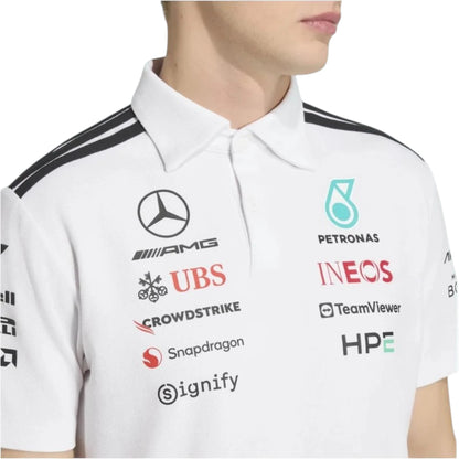Mercedes-AMG Petronas F1 Team Polo Shirt in white with authentic Mercedes-AMG Petronas sponsor logos and adidas performance design