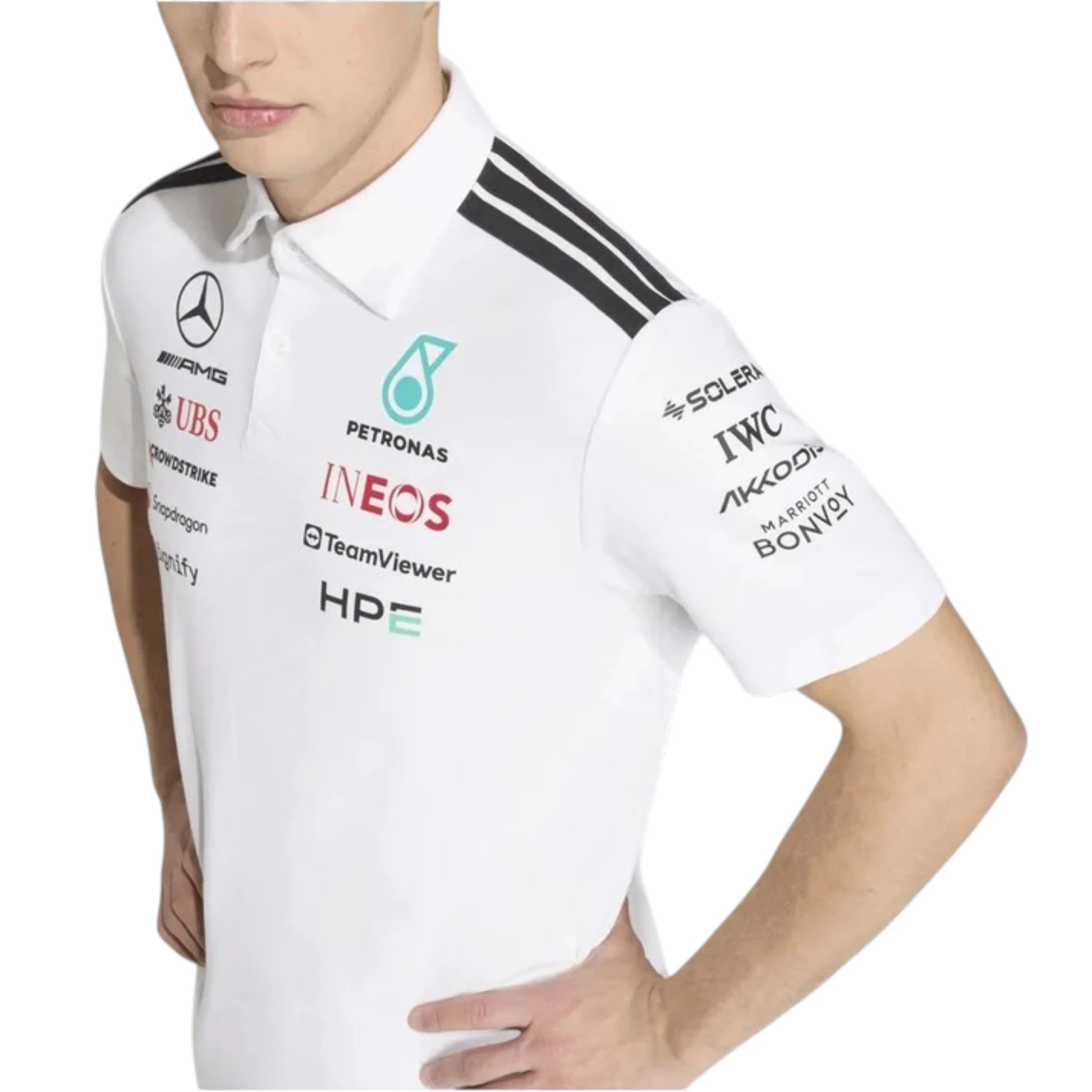 Mercedes-AMG Petronas F1 Team Polo Shirt in white with authentic Mercedes-AMG Petronas sponsor logos and adidas performance design