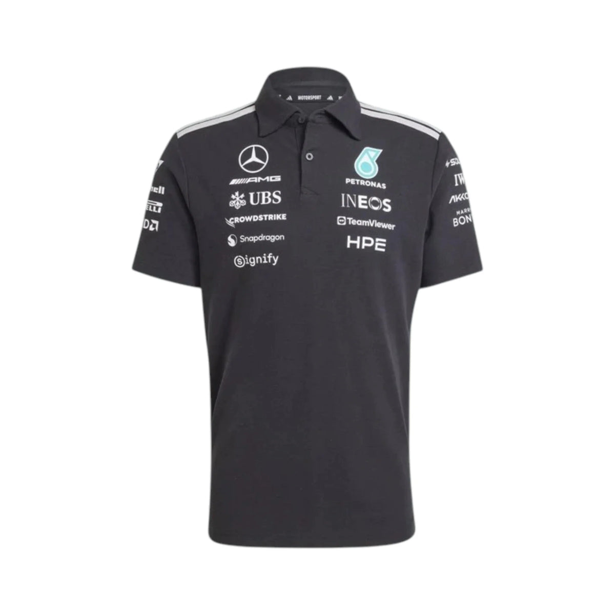 Mercedes-AMG Petronas F1 Team Polo Shirt in black with authentic Mercedes-AMG Petronas sponsor logos and adidas performance design