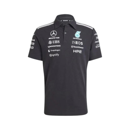 Mercedes-AMG Petronas F1 Team Polo Shirt in black with authentic Mercedes-AMG Petronas sponsor logos and adidas performance design