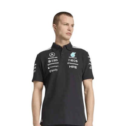 Mercedes-AMG Petronas F1 Team Polo Shirt in black with authentic Mercedes-AMG Petronas sponsor logos and adidas performance design