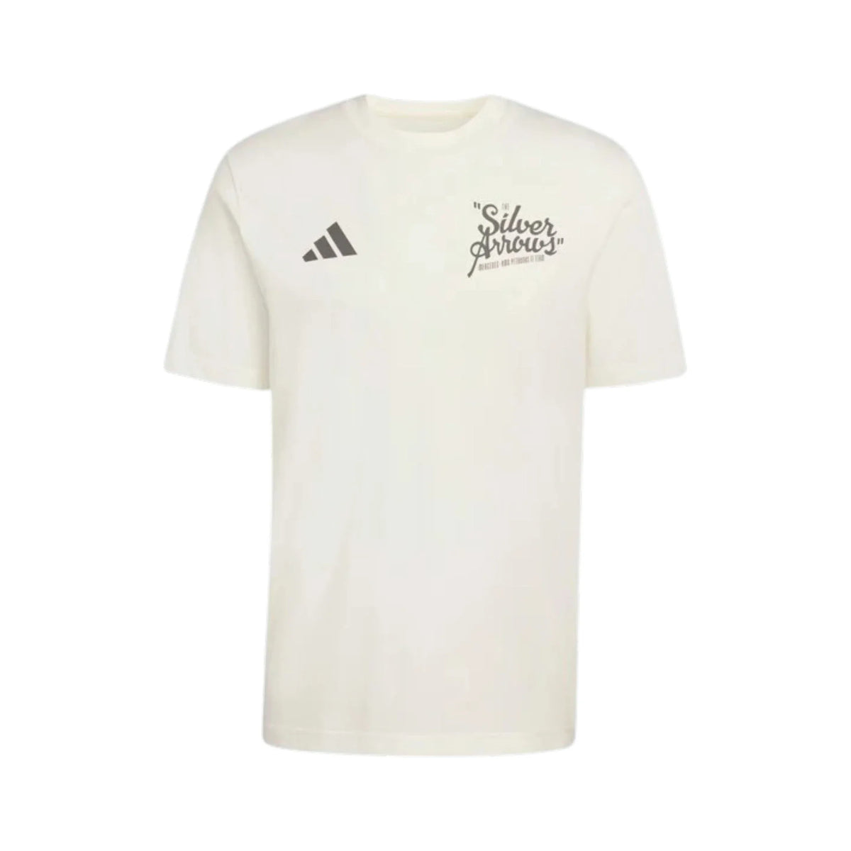 Mercedes-AMG Petronas F1 Team Silver Arrows Heritage Slogan T-Shirt in off white featuring front and back Silver Arrows graphics