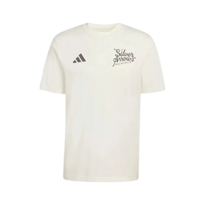 Mercedes-AMG Petronas F1 Team Silver Arrows Heritage Slogan T-Shirt in off white featuring front and back Silver Arrows graphics