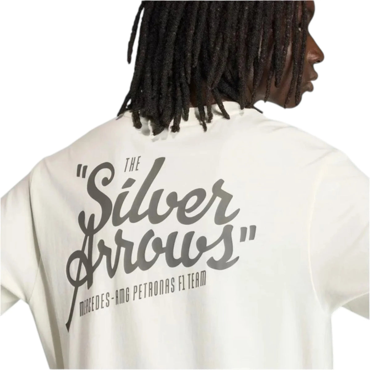 Mercedes-AMG Petronas F1 Team Silver Arrows Heritage Slogan T-Shirt in off white featuring front and back Silver Arrows graphics