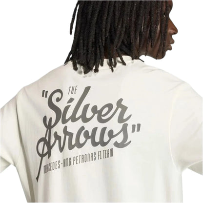 Mercedes-AMG Petronas F1 Team Silver Arrows Heritage Slogan T-Shirt in off white featuring front and back Silver Arrows graphics
