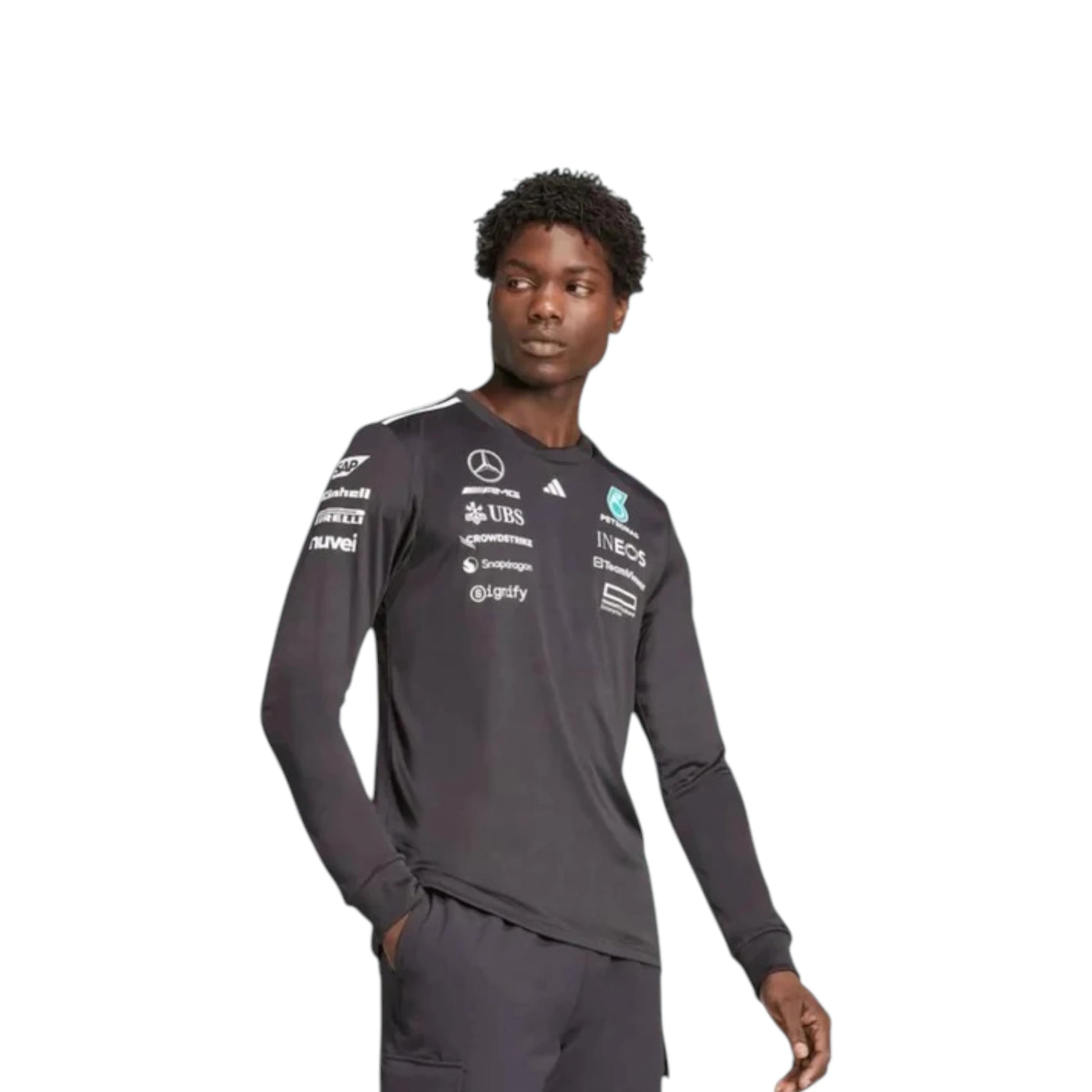 Mercedes-AMG Petronas F1 Undershirt in dark grey with authentic team sponsor logos and long sleeve performance design