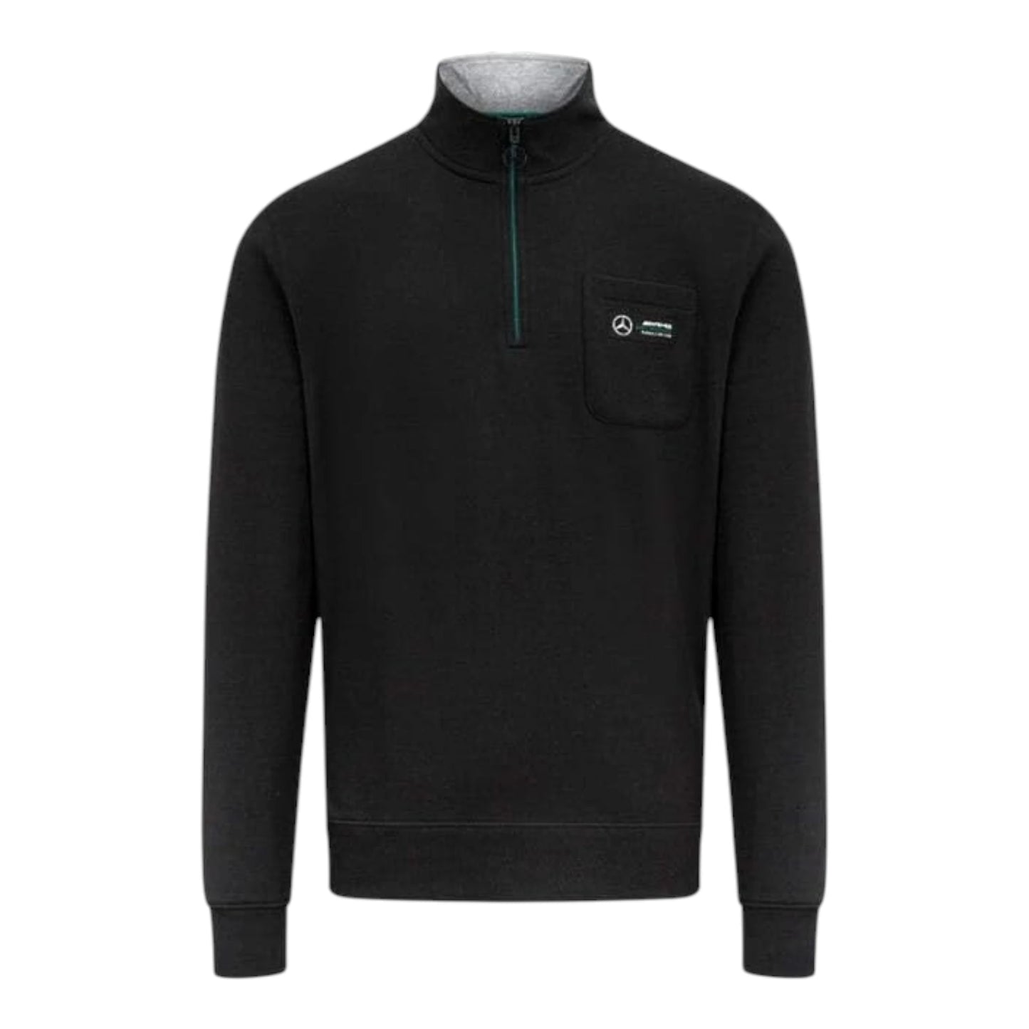 Mercedes AMG Petronas Quarter Zip Pocket F1 Sweatshirt in black featuring Mercedes-AMG Petronas team branding, quarter zip collar, and chest pocket design