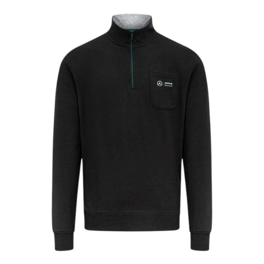 Mercedes AMG Petronas Quarter Zip Pocket F1 Sweatshirt in black featuring Mercedes-AMG Petronas team branding, quarter zip collar, and chest pocket design