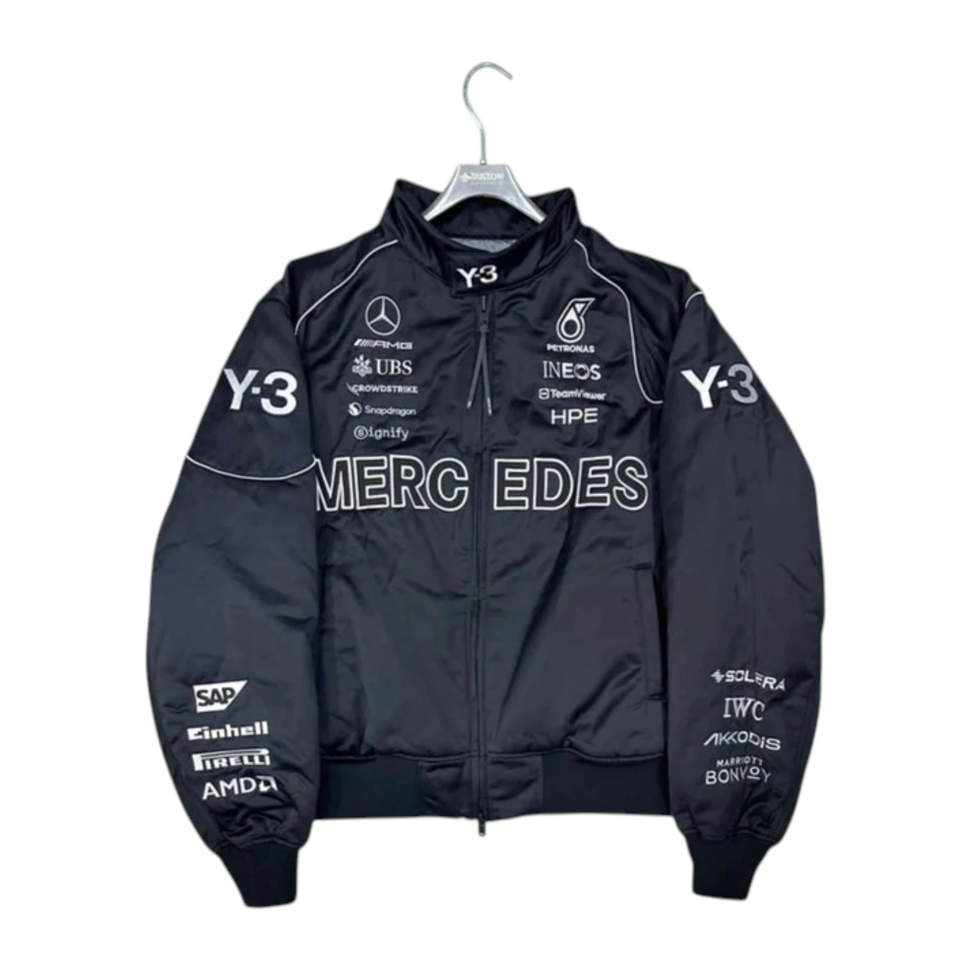 Mercedes-AMG Petronas Y-3 Collaboration F1 Jacket in black with embroidered Formula 1 team logos and premium motorsport detailing