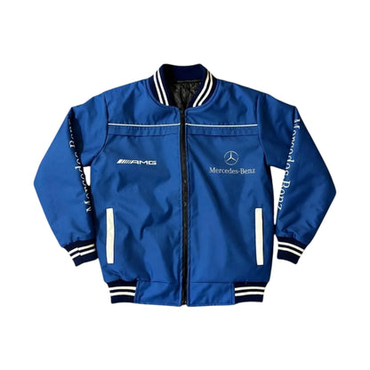 Mercedes Benz Vintage 90s Racing Jacket in blue featuring Mercedes Benz and AMG branding on the front, back and sleeves