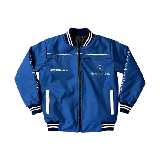 Mercedes Benz Vintage 90s Racing Jacket in blue featuring Mercedes Benz and AMG branding on the front, back and sleeves