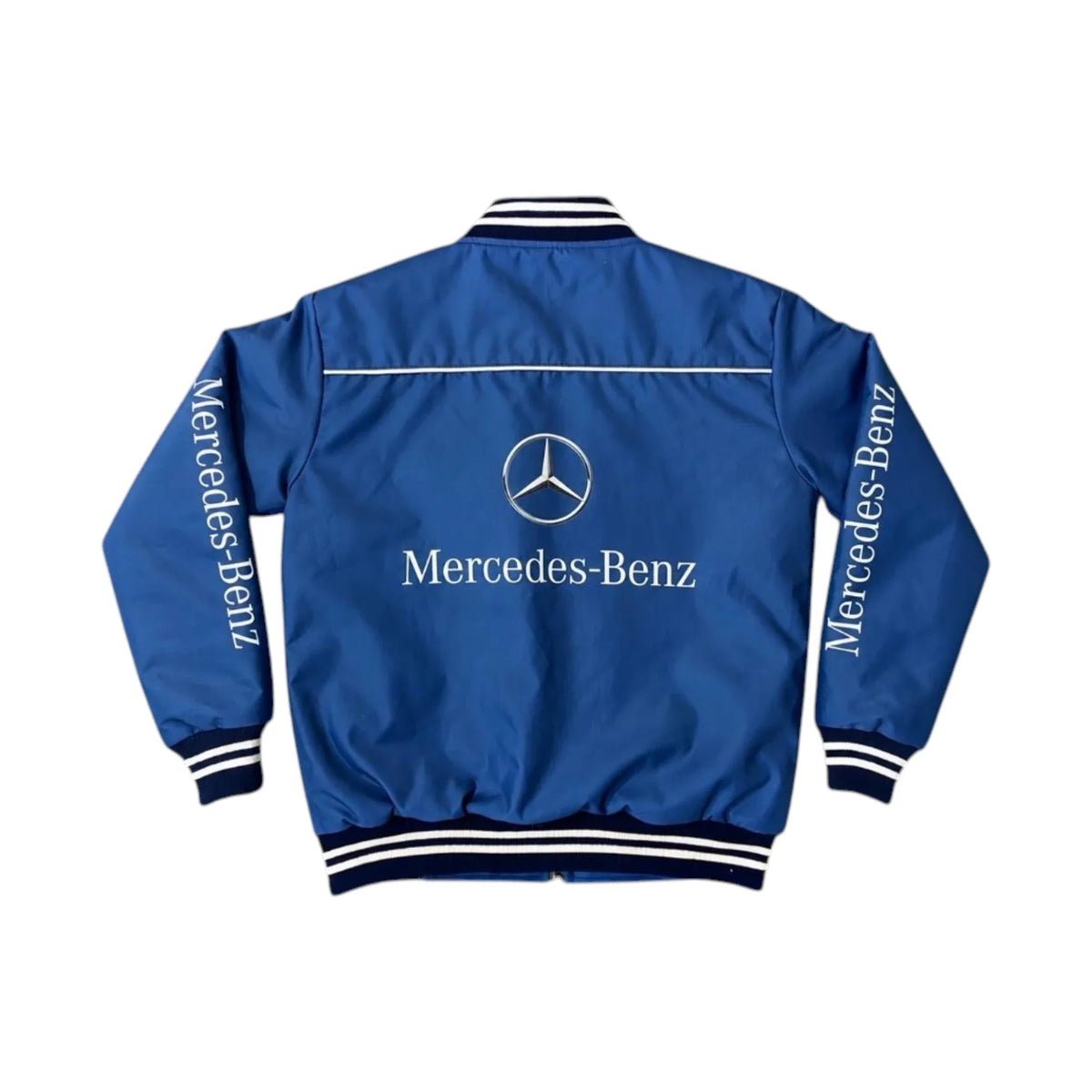 Mercedes Benz Vintage 90s Racing Jacket in blue featuring Mercedes Benz and AMG branding on the front, back and sleeves