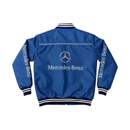Mercedes Benz Vintage 90s Racing Jacket in blue featuring Mercedes Benz and AMG branding on the front, back and sleeves