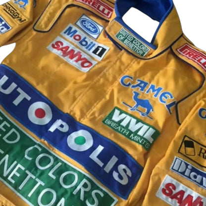 Michael Schumacher 1991 Benetton F1 Racing Suit featuring iconic yellow Benetton racing graphics and authentic sponsor detailing