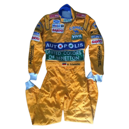 Michael Schumacher 1991 Benetton F1 Racing Suit featuring iconic yellow Benetton racing graphics and authentic sponsor detailing