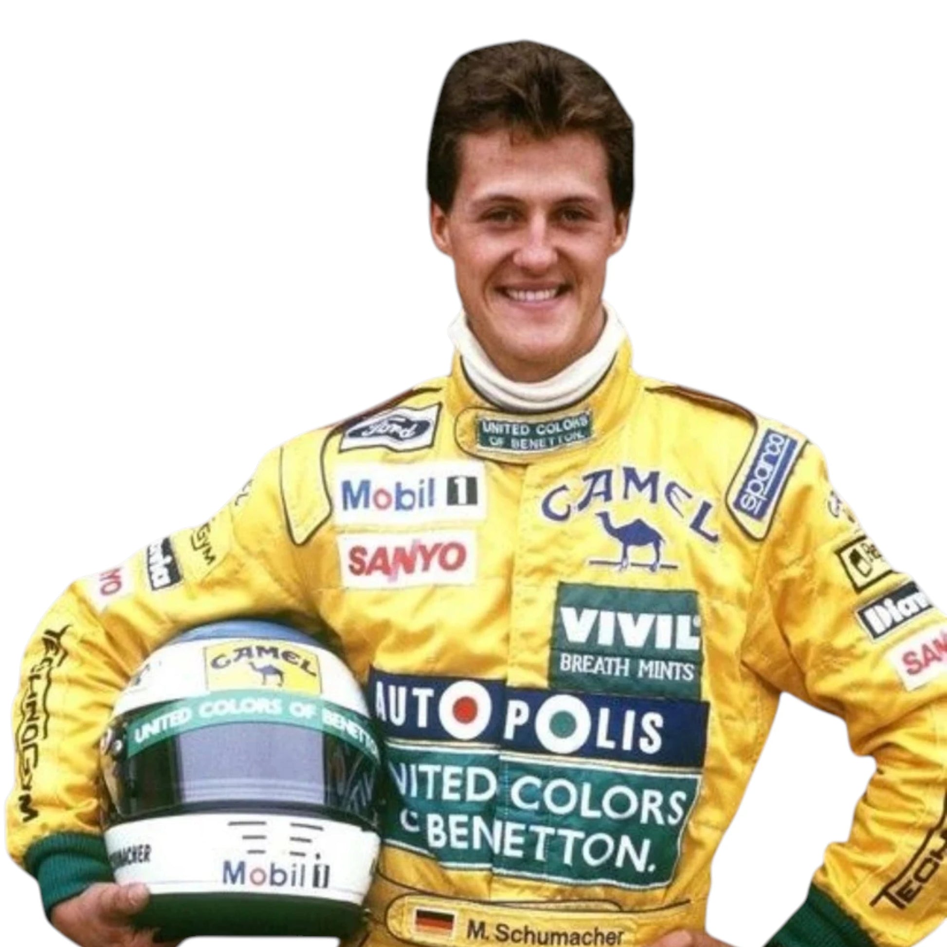 Michael Schumacher 1991 Benetton F1 Racing Suit featuring iconic yellow Benetton racing graphics and authentic sponsor detailing