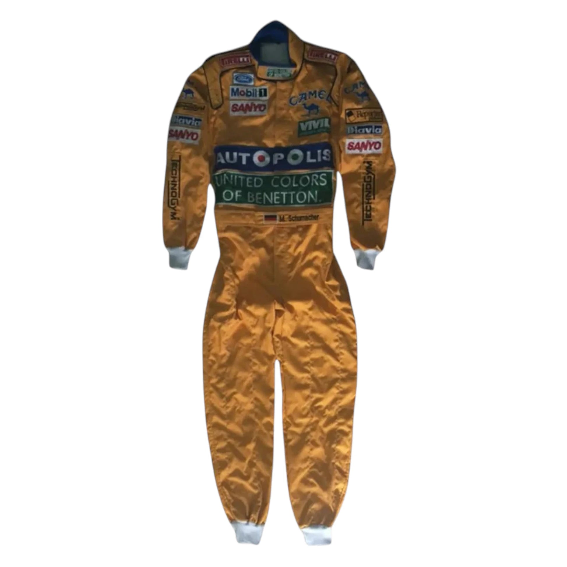 Michael Schumacher 1991 Benetton F1 Racing Suit featuring iconic yellow Benetton racing graphics and authentic sponsor detailing